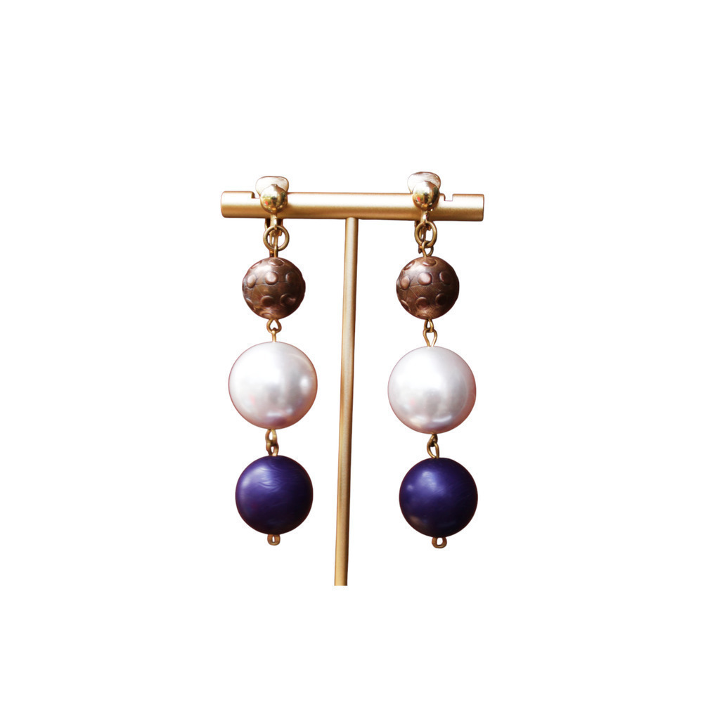Vintage 90s Earrings Gold Faux Pearl and Blue Beaded Drop Clip On Statement
